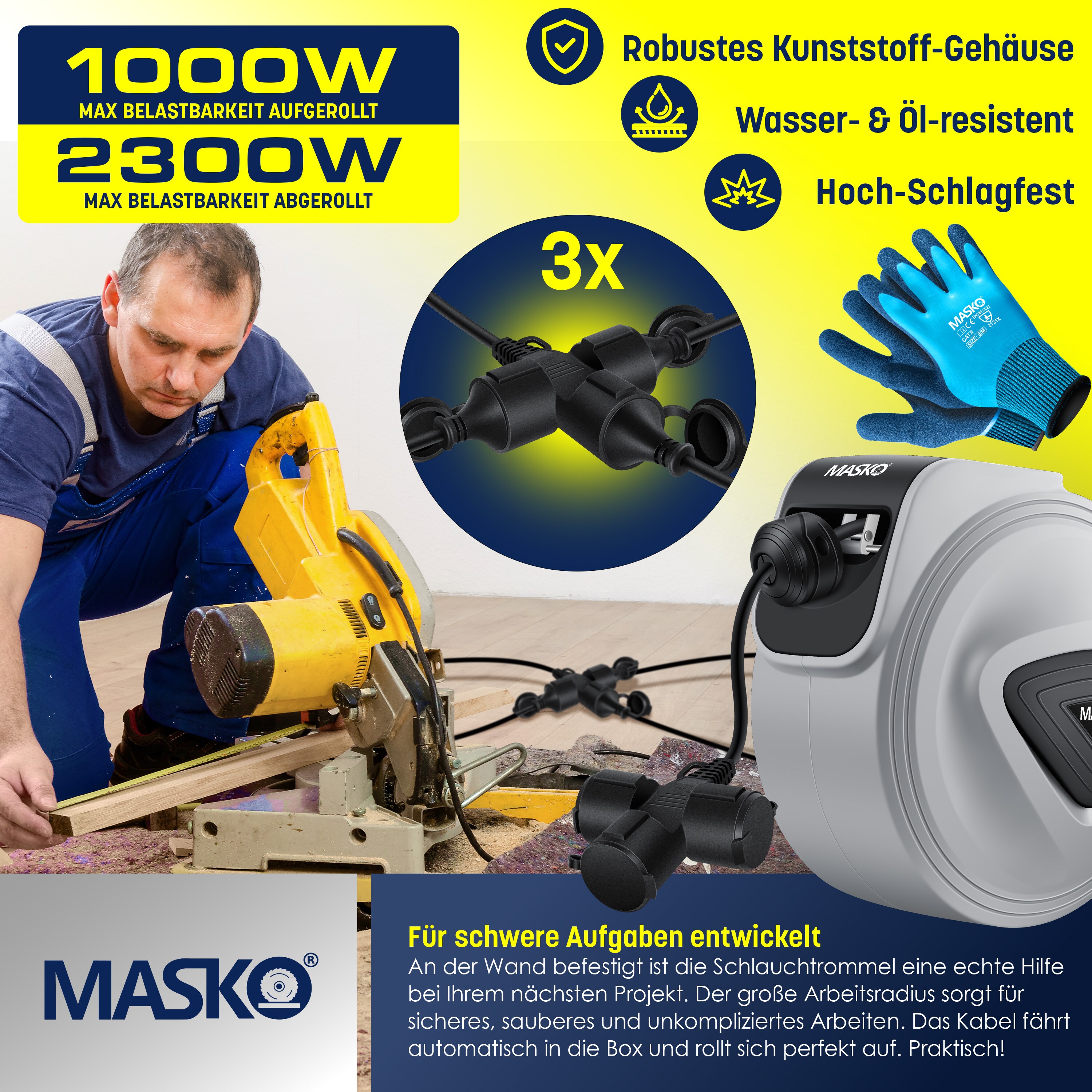MASKO® Automatik Kabeltrommel Verlängerungskabel mit 3-Fach Anschluss 180° drehbar 1,5m Zuleitung Wandhalterung Werkstatt Kabelaufroller Automatisch Stromtrommel Schlauchaufroller Inkl. Handschuhe