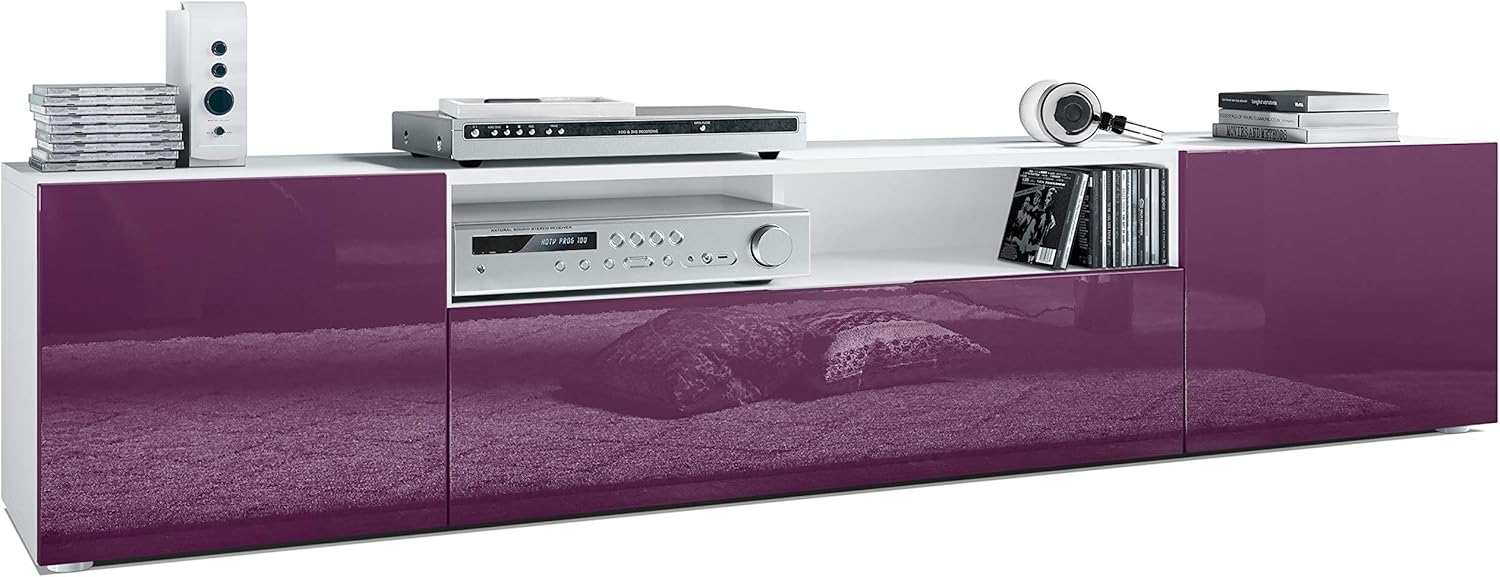 Vladon Lowboard Mogan, TV-Kommode mit 2 Türen, 1 Klappe und 1 offenes Fach, Weiß matt/Brombeer Hochglanz (181 x 39 x 35 cm)