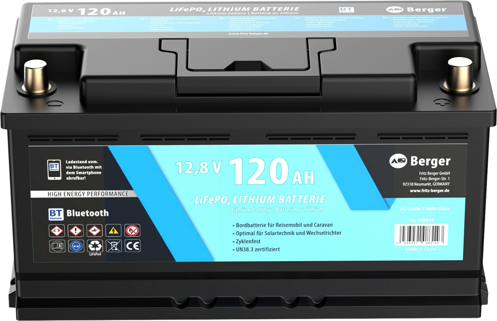 Berger LiFePO4 Lithium Batterie 120 Ah 12 V mit Bluetooth