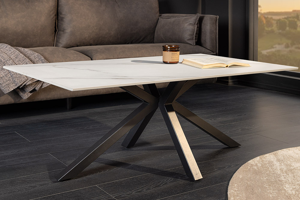 Moderner Couchtisch GALAXIE 100cm weiß Keramik schwarz Metall Sterngestell
