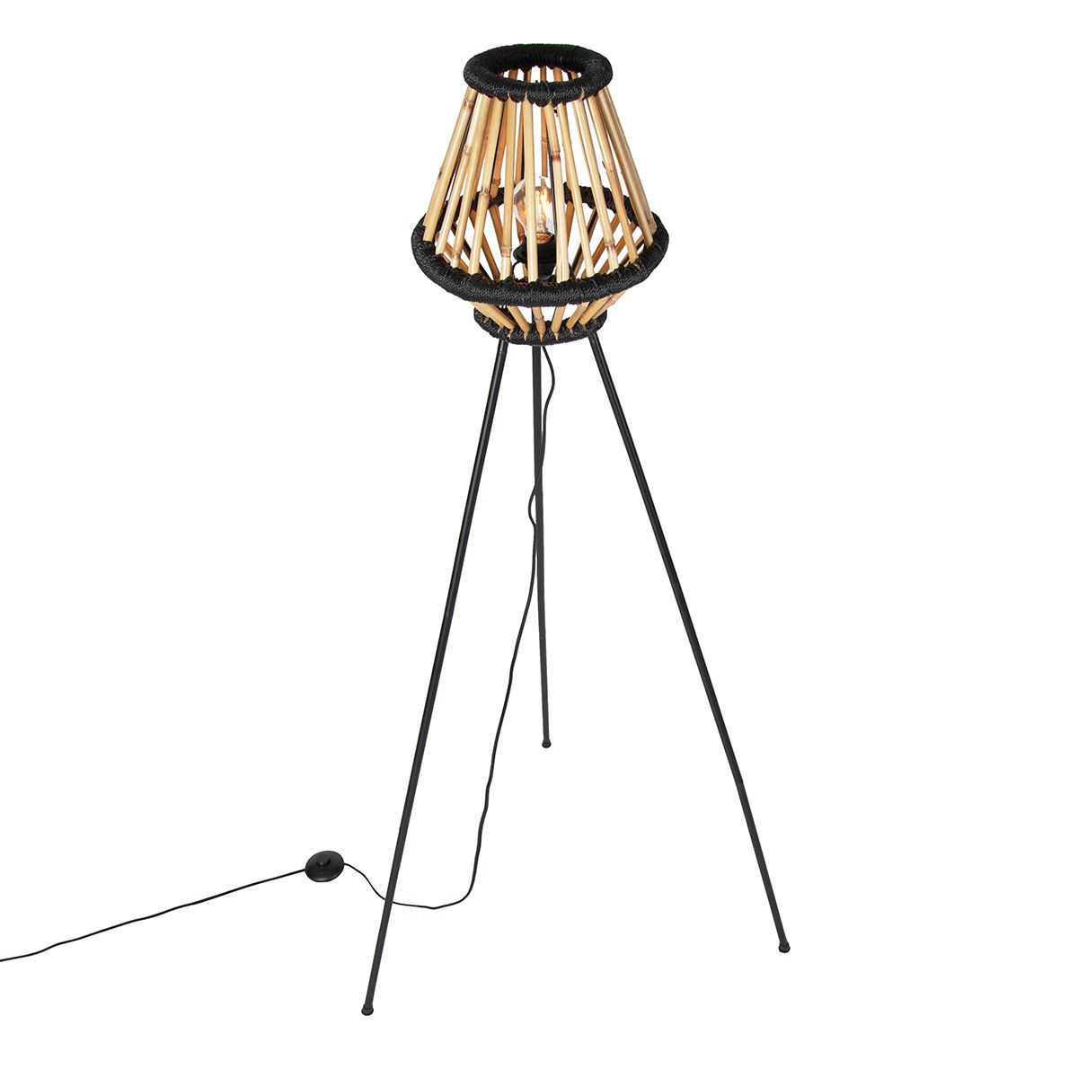 Oosterse tripod vloerlamp bamboe met zwart - Evalin