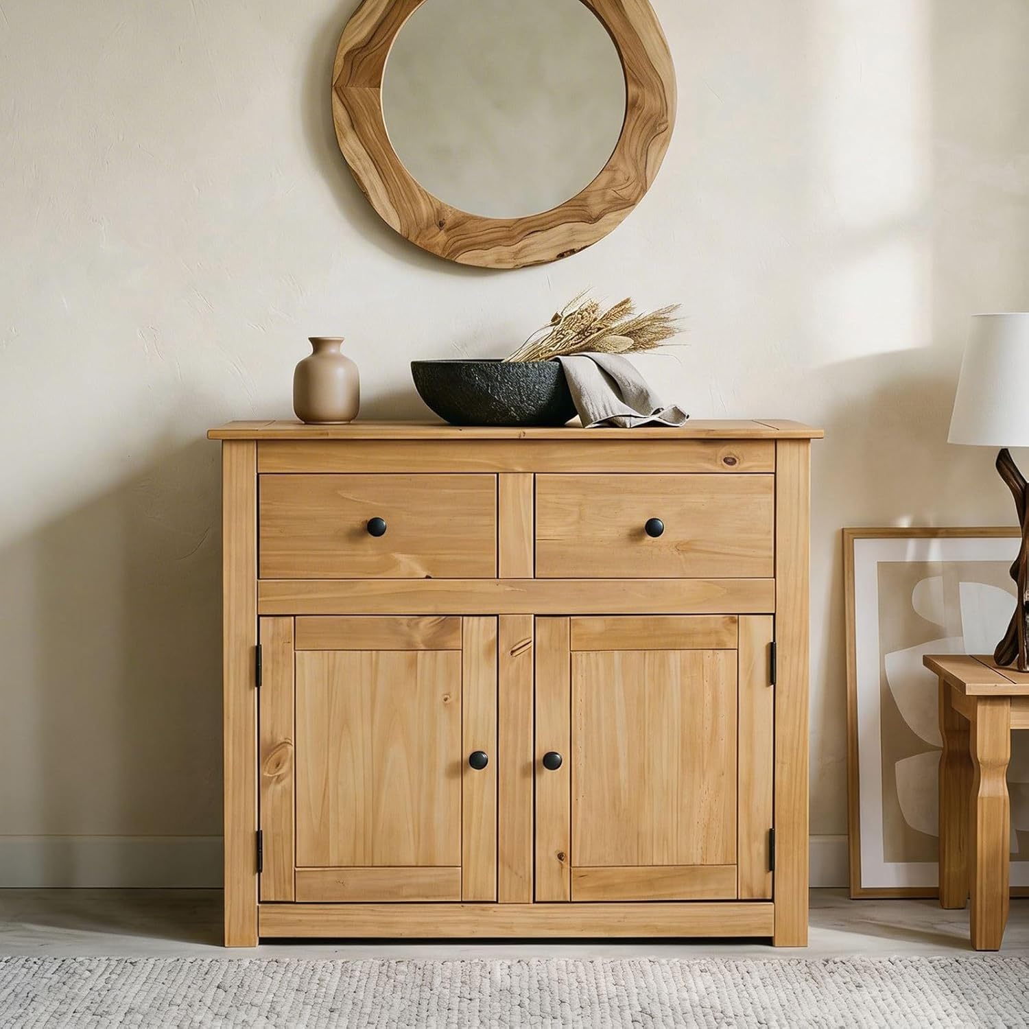 CARO-Möbel Kommode Cancun im Landhaus Stil aus Kiefer massiv, Moderne Anrichte mit 2 Schubladen und Türen, Sideboard mit gebeizter gewachster Oberfläche