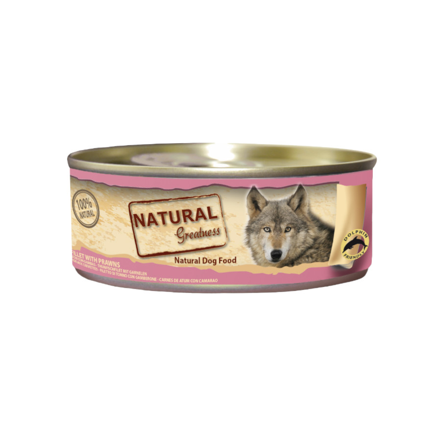 Lata de filé de atum e camarão Natural Greatness para cães