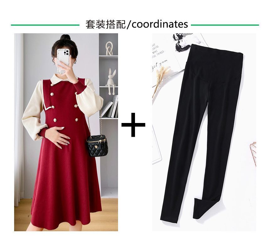 Levsayte - Zwangerschapskleding met hoge taille, effen cropped leggings / lange mouwen, kraag en tweekleurige truijurk / set