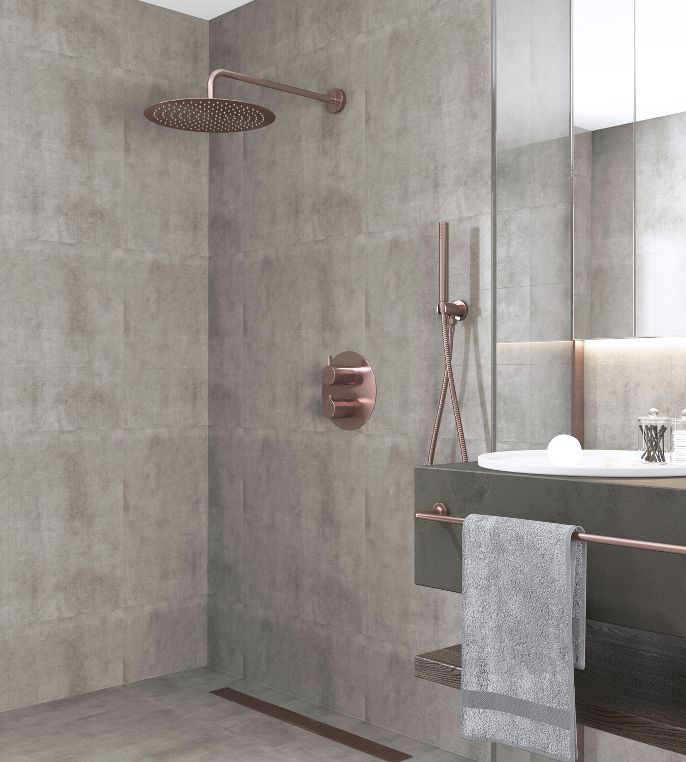 Saniclear Copper inbouw regendouche rond met 20cm hoofddouche en muurarm geborsteld koper