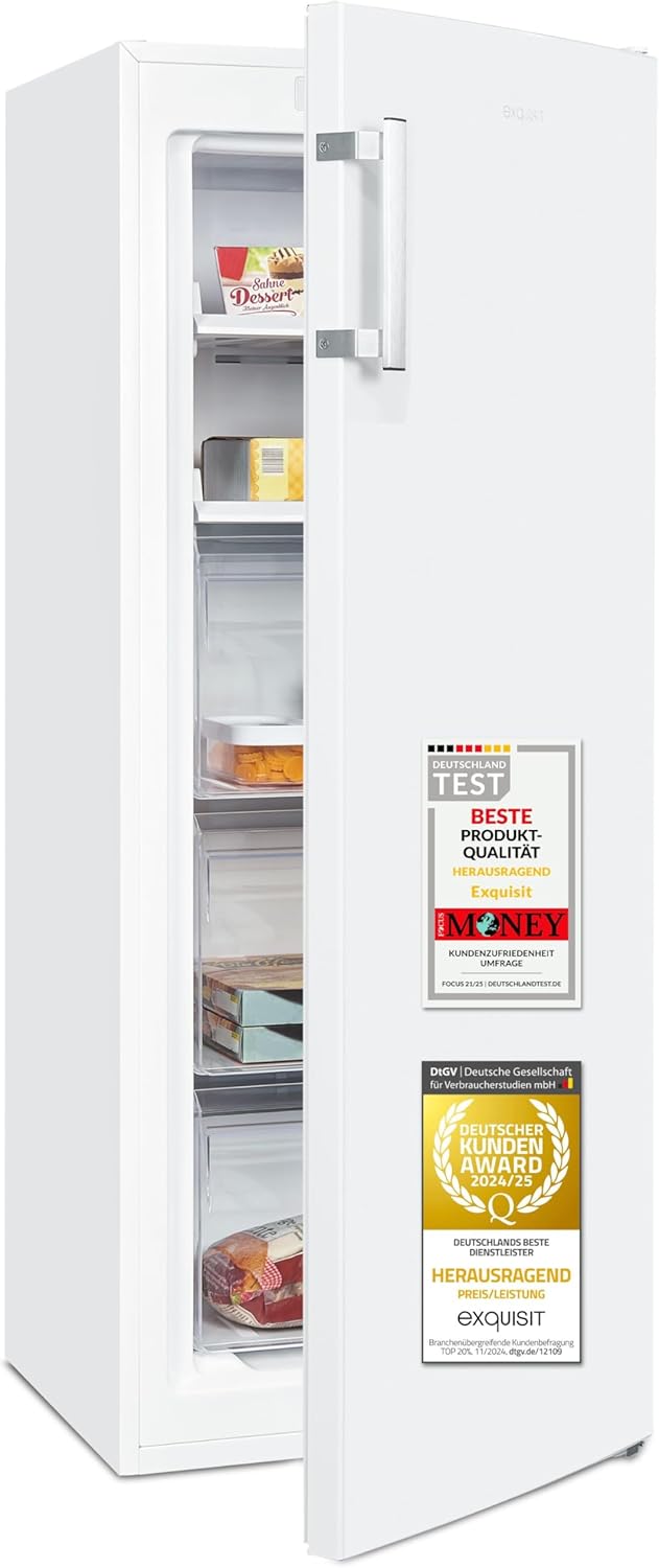 Exquisit Gefrierschrank | 161 l Nutzinhalt, Energieeffizienzklasse D, 39 dB(A) | NoFrost-Gefrieren, Schnellgefrieren, elektronische Temperaturregelung, Türalarm, hohe Bauform | GS5231-NF-H-040D weiss