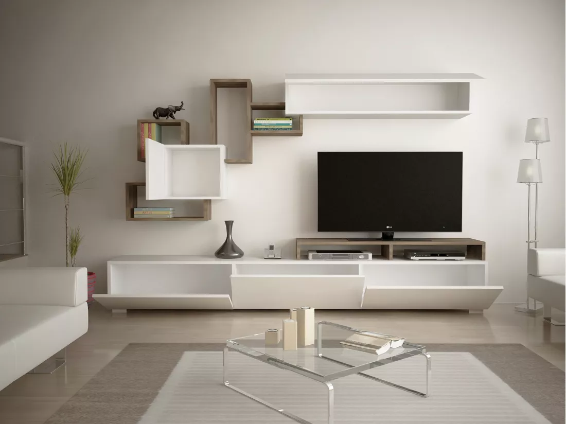 Mur TV avec rangements - Naturel clair et Blanc - TALOLI II