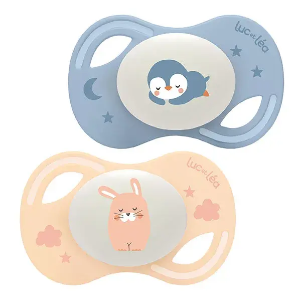 Luc et Léa Collection 2 Sucettes Nuit Anatomique Tétine Extra-slim 0-6 mois Pingouin Lapin