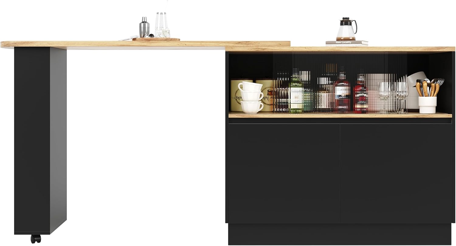 Azkoeesy Bartisch Esstisch 360° drehbare mit Stauraum, 90 x 45 x 100-165 cm, mit Rollen, Seitenregal, Schiebetüren aus Glas, Stehtisch/Bistrotisch/Hochtisch/Kücheninsel, schwarz