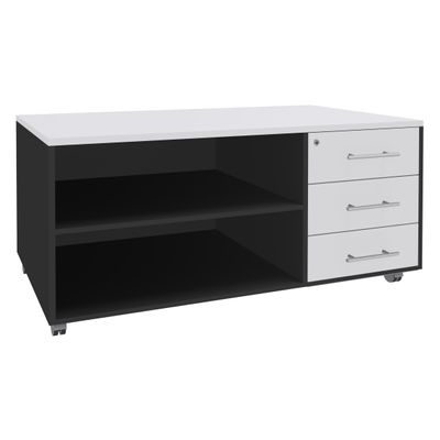 Console mobile LEVEL/STEELY/WOODY- L120 x H63 x P60 cm - 3 tiroirs - coté anthracite - finition façade et dessus Blanc perle