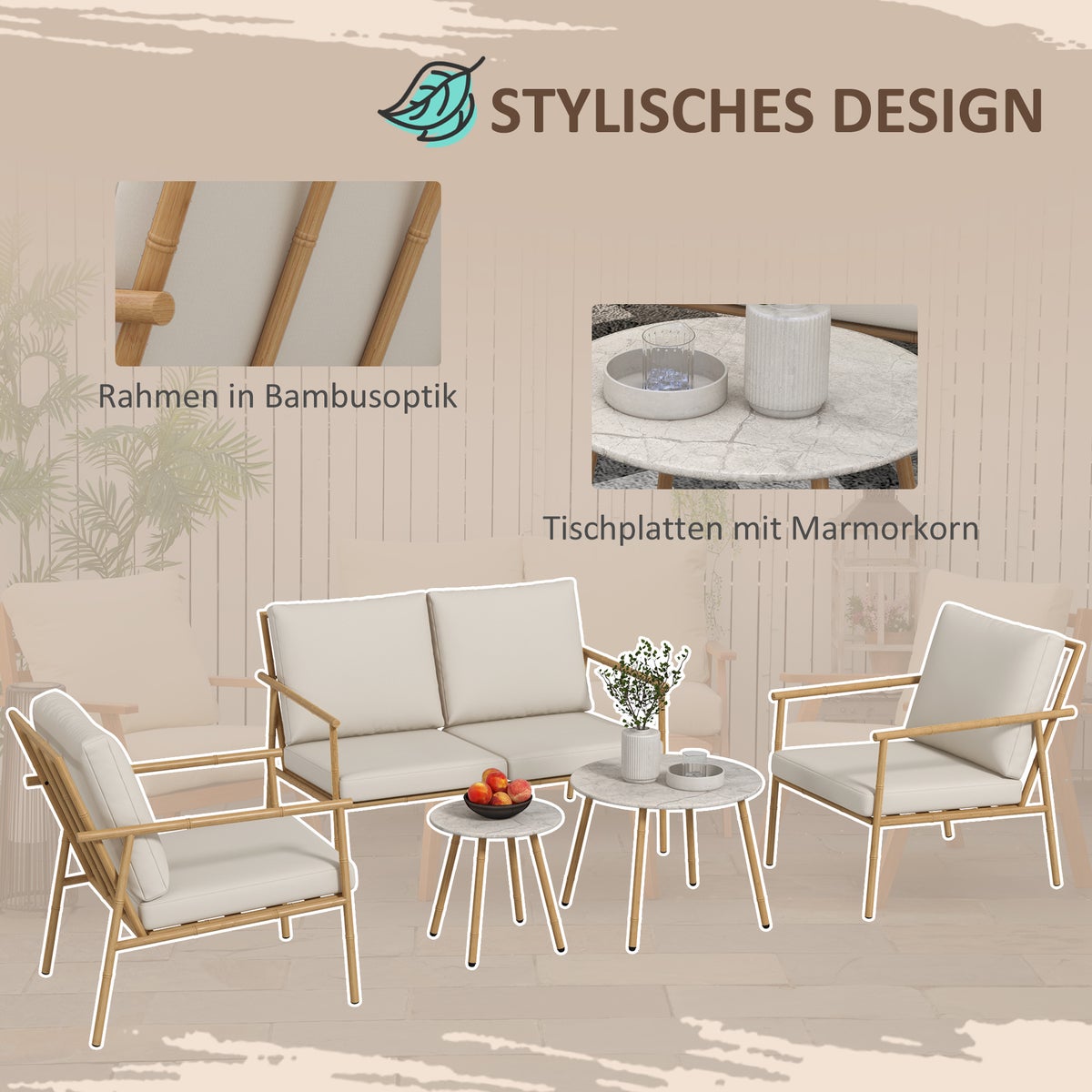 Outsunny 5-delige tuinmeubelset, 122L x 78B x 83H cm, staal, polyester, wit