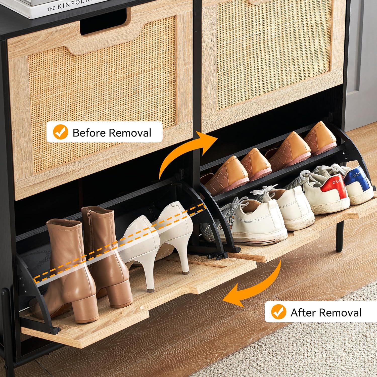 Schuhschrank Mit 4 Klappen, Schuhregal Schuhkipper Schmal, Schuhablage Verstellbar, Schuhkommode für Flur Eingang 100 x 24 x 88 cm