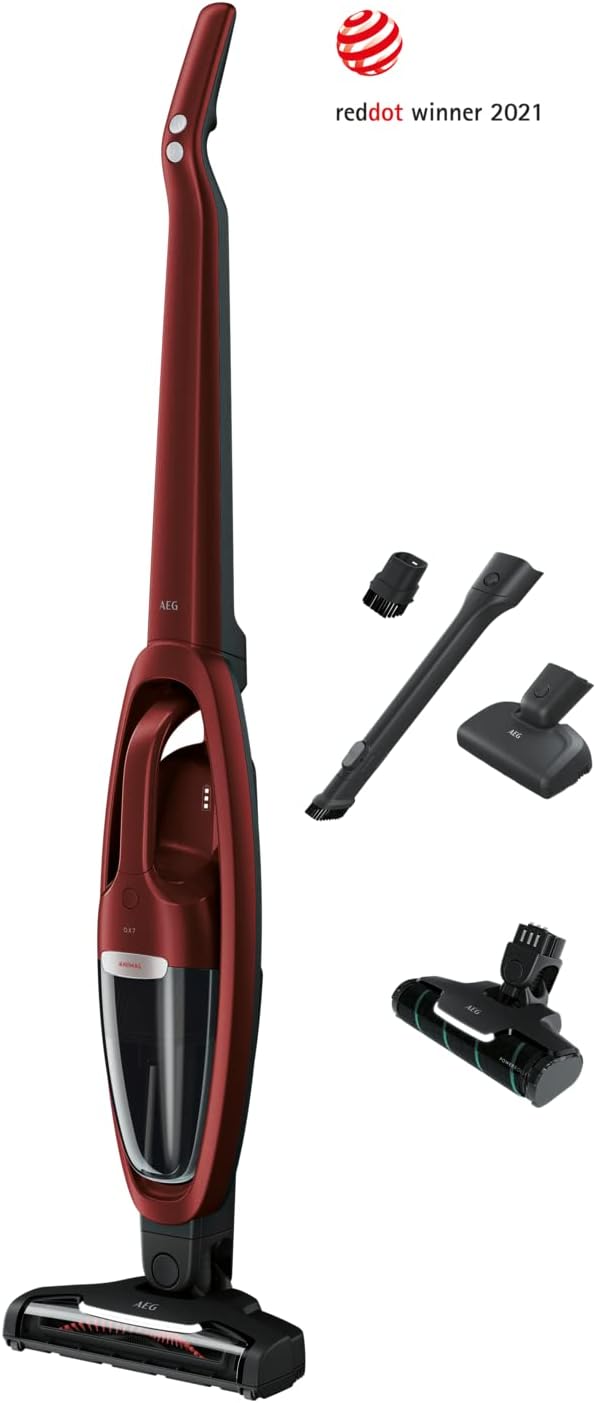 AEG QX7-ANIM 2in1 Akku Staubsauger / schlanke Bauform / Multi-Bodendüse / hochwirksam auf Teppichen / bis zu 50 min Laufzeit / 21,6 Volt / inkl. Tierhaardüse und Zubehör / freistehend / rot