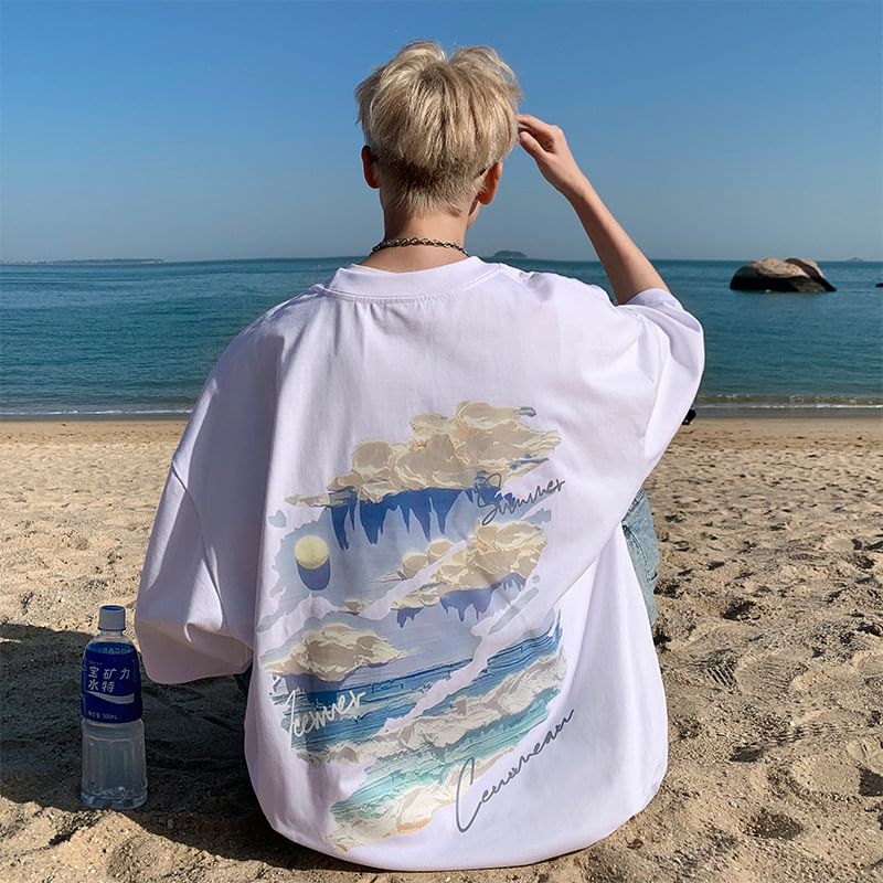 Ayuyel - T-shirt met korte mouwen, ronde hals en wolkenprint