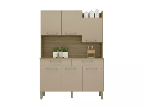 Buffet de Cuisine 6 Portes 2 Tiroirs Chêne Taupe 10 Niches L 132 H 186 P 38.8 cm