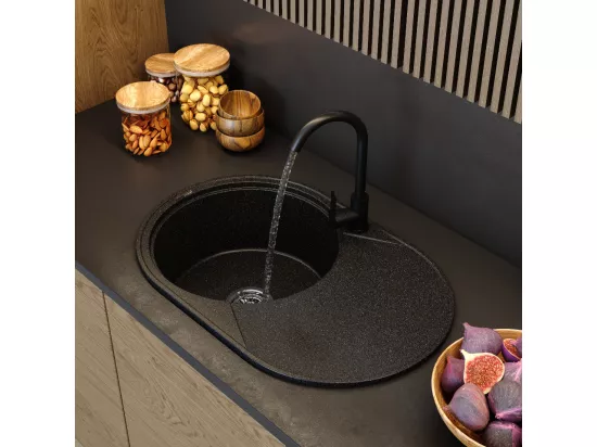 ÉVIER DE CUISINE ROND EN GRANIT 1 CUVE GRAND ÉGOUTTOIR SIPHON NOIR SAVIO