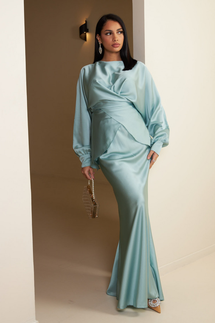 Ensemble 2 pièces top + jupe en satin turquoise