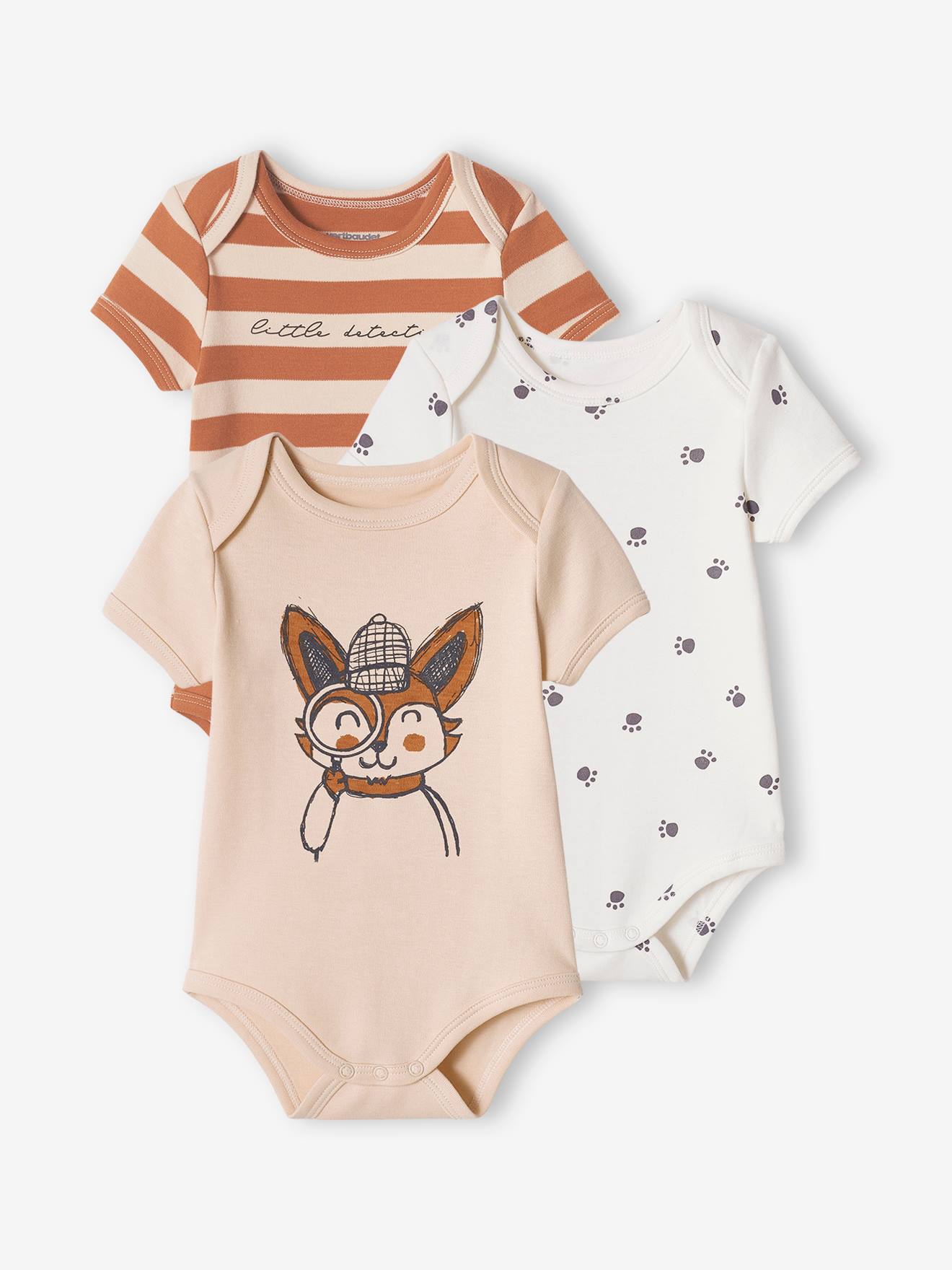 Conjunto de 3 bodies de manga curta para bebê com estampa de raposa, na cor bege.