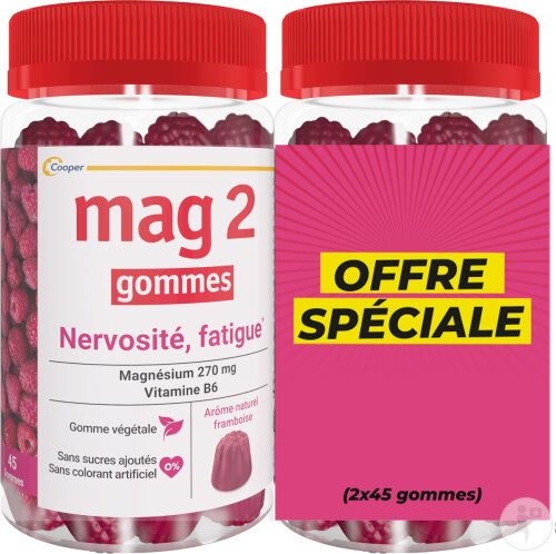 Mag2 Gommes Framboise Nervosité Fatigue Complément Alimentaire Magnésium Vitamine B6 2x45 Gommes