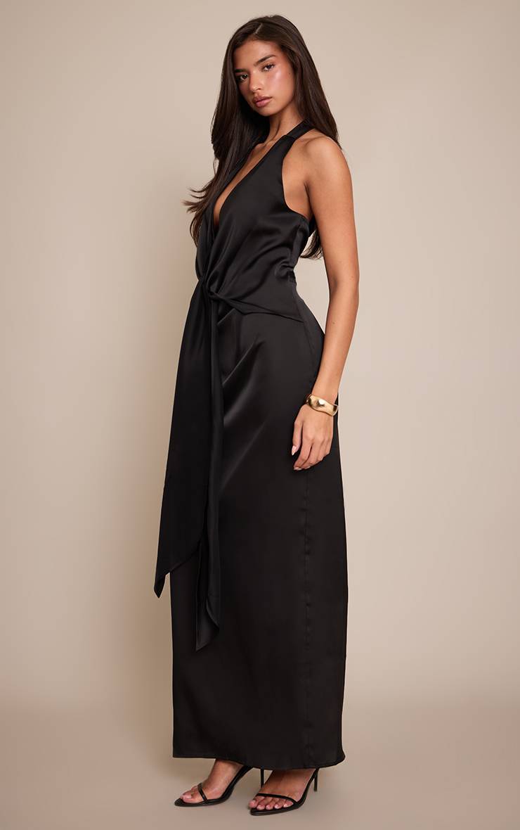 Noir Robe Longue En Satin À Col V Avec Détail Noué