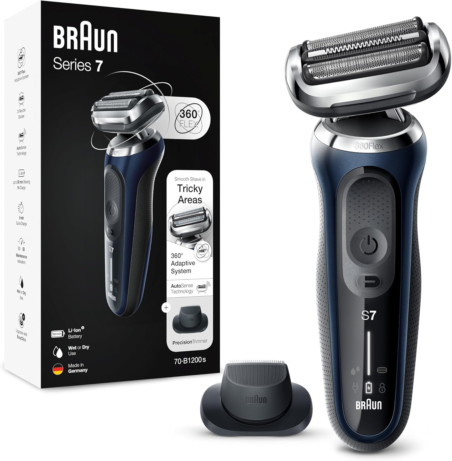 Braun Series 7 Rasierer Herren mit 360° Anpassung, Elektrorasierer & Präzisionstrimmer, AutoSense, Wet & Dry, EasyClick Funktion, 70-B1200s, Blau