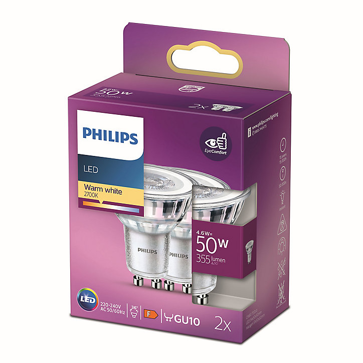 Lot 2 spots GU10 355lm 4.6W IP20 blanc chaud Philips
