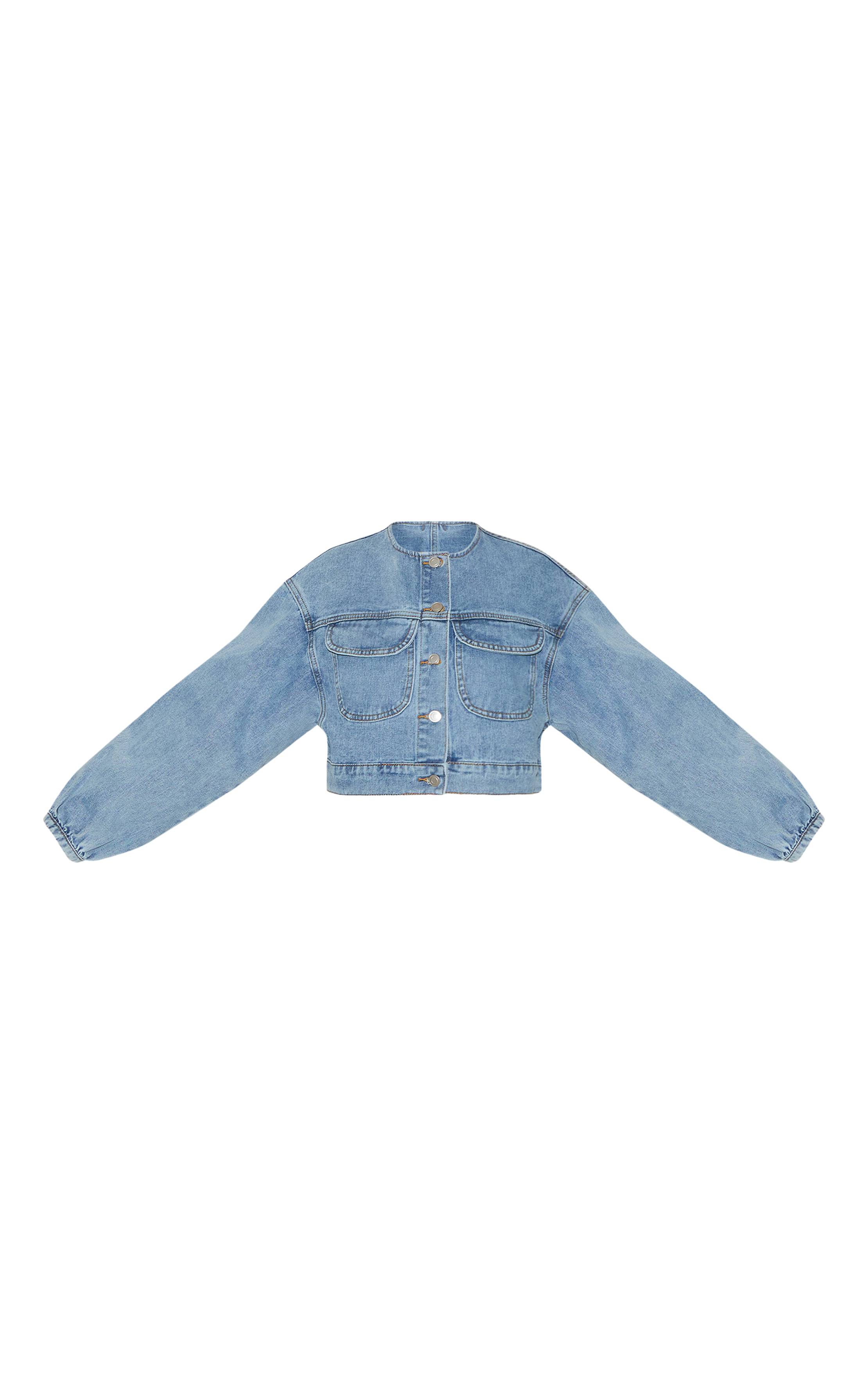 Mid Blue Wash Veste En Jean Courte Col Rond