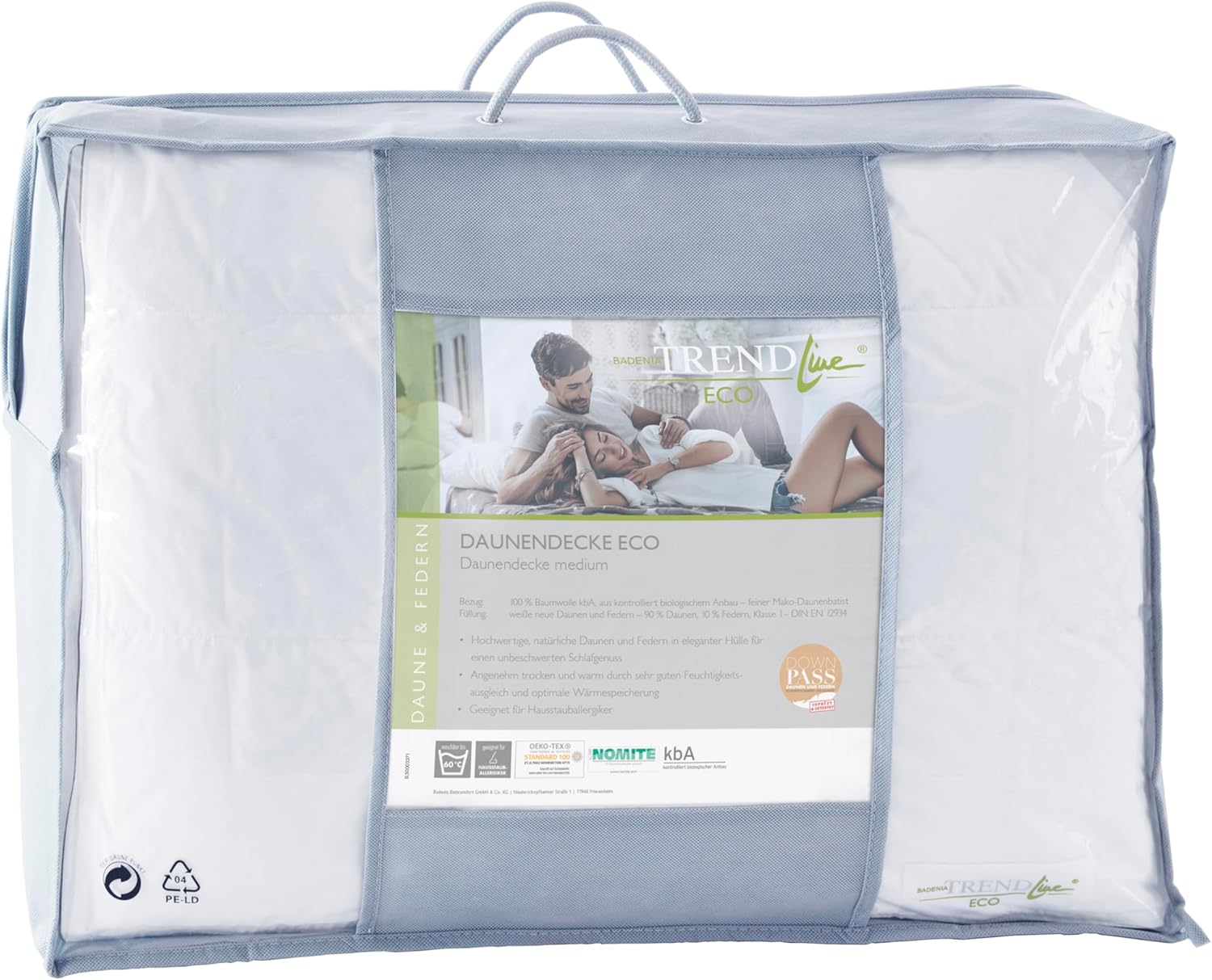 Badenia Trendline Eco Daunen-Kassettendecke medium mit 90% Daunen und 10% Federn der Klasse I , 135 x 200 cm, weiß, Öko- Tex Zertifiziert, produziert nach deutschem Qualitätsstandard