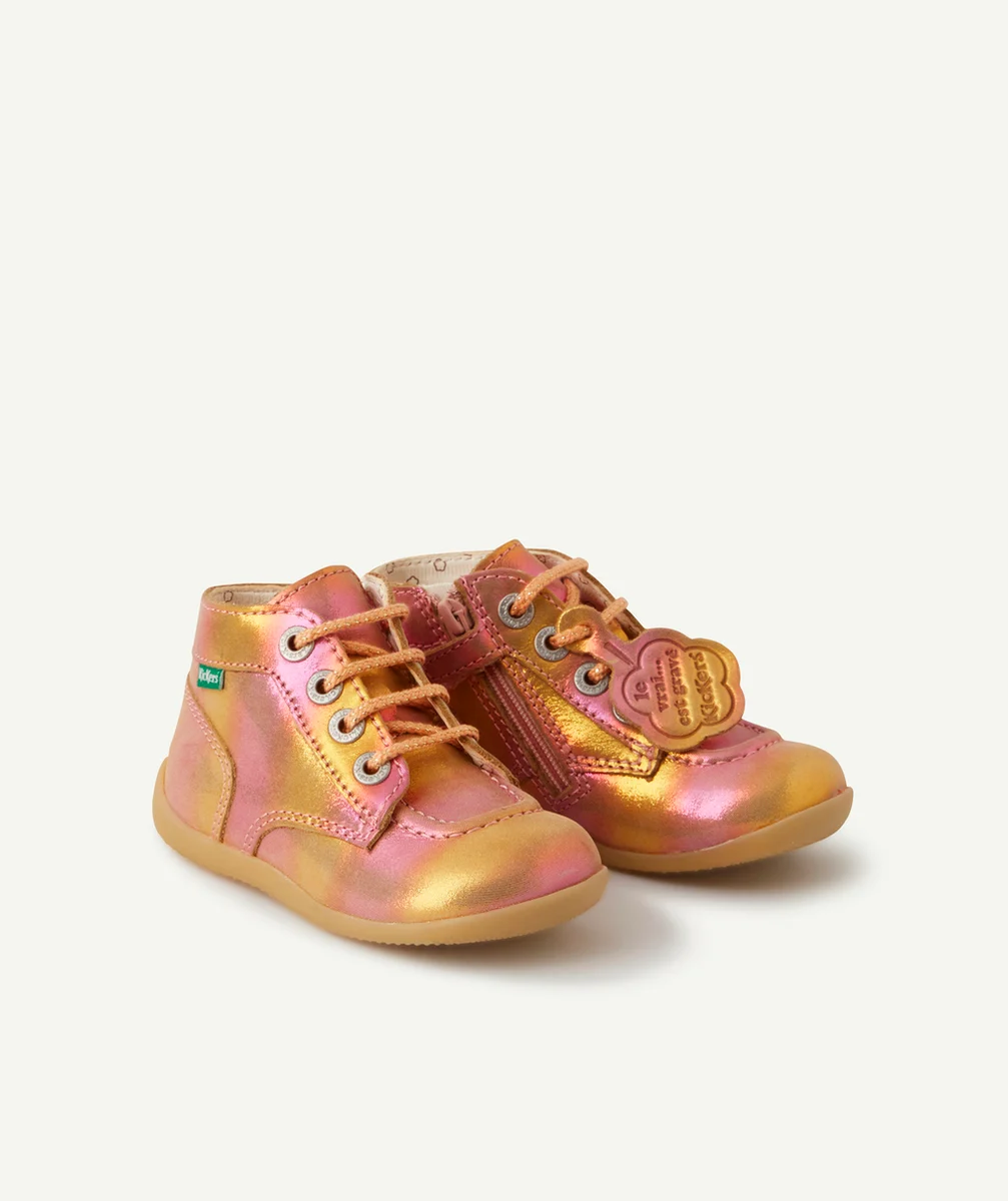 KICKERSBOTTINES BÉBÉ FILLE BONZIP ROSE EN CUIR MULTICOLORE AVEC LACETS