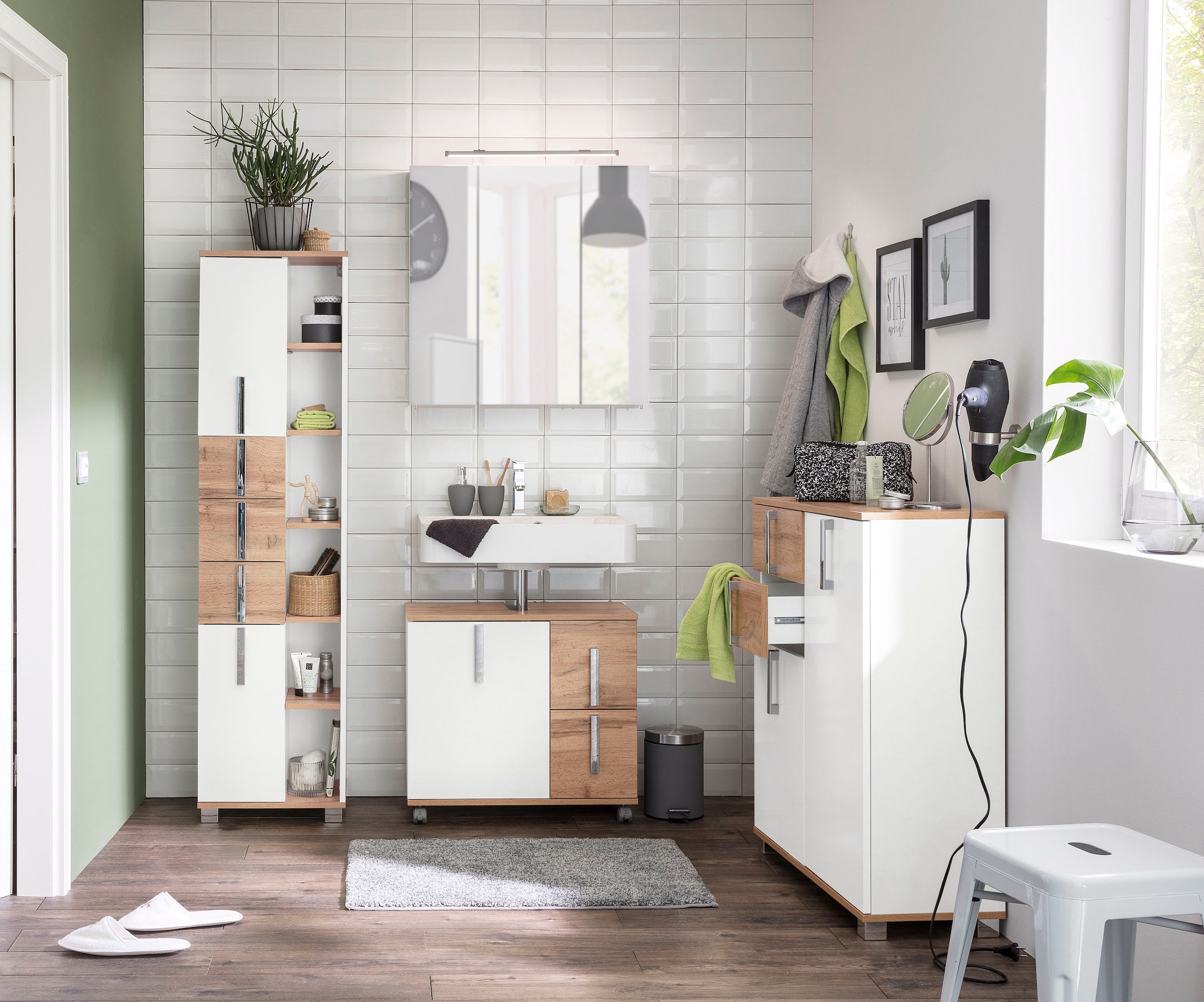Schildmeyer Waschbeckenunterschrank »Kampen made in Germany« Höhe 60 cm, mit Metallgriffen, Tür mit Soft-Close, 2 Schubladen