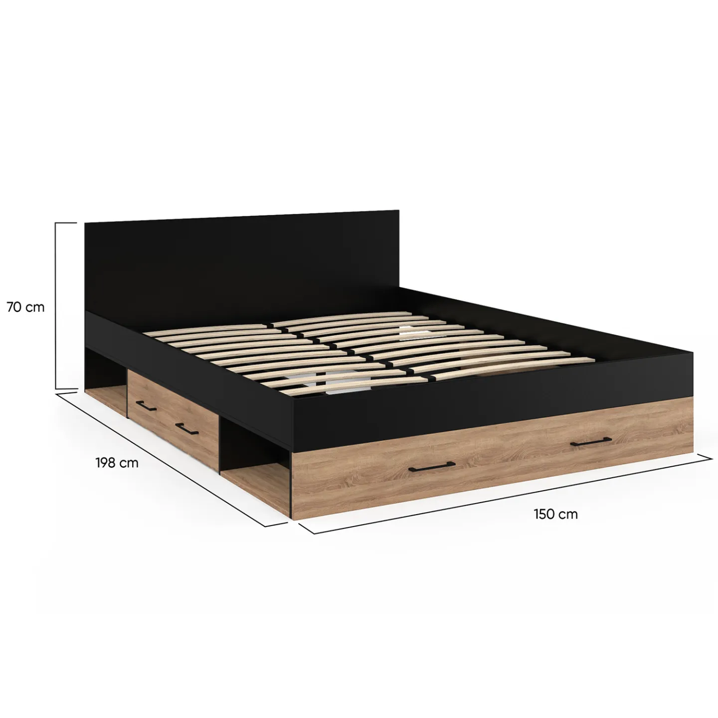 Lit double MINEA avec tiroirs + niches de rangement + tête de lit et sommier 140 x 190 cm façon hêtre et noir