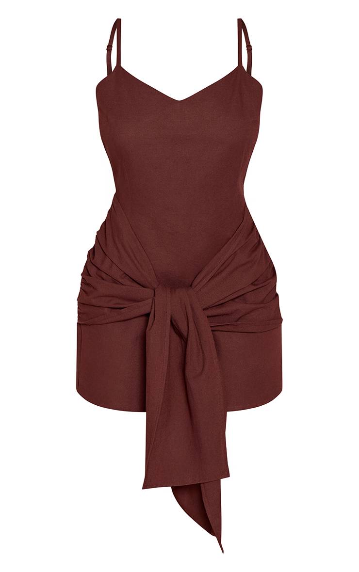 Chocolat Robe Mini Ajustée À Taille Nouée Et Décolleté Plongeant Aspect Lin