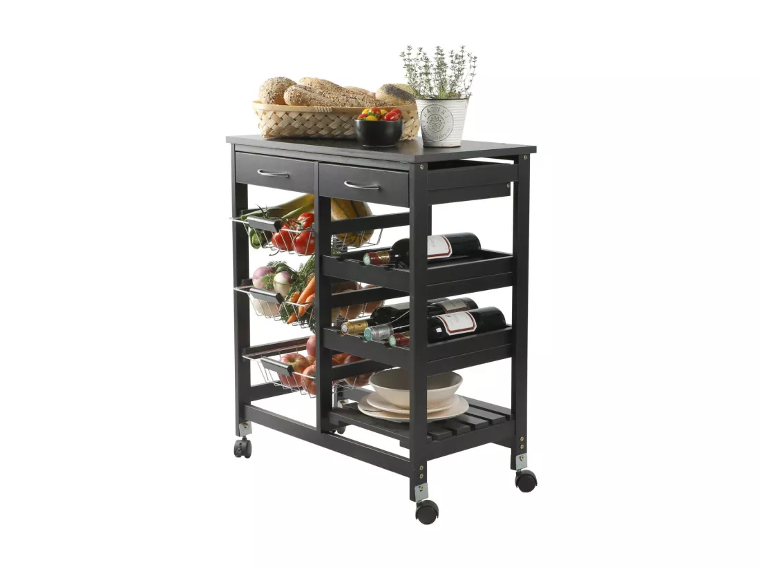 Desserte de rangement noire sur roulettes – 2 tiroirs et 3 étagères, dimensions 65x35x76 cm