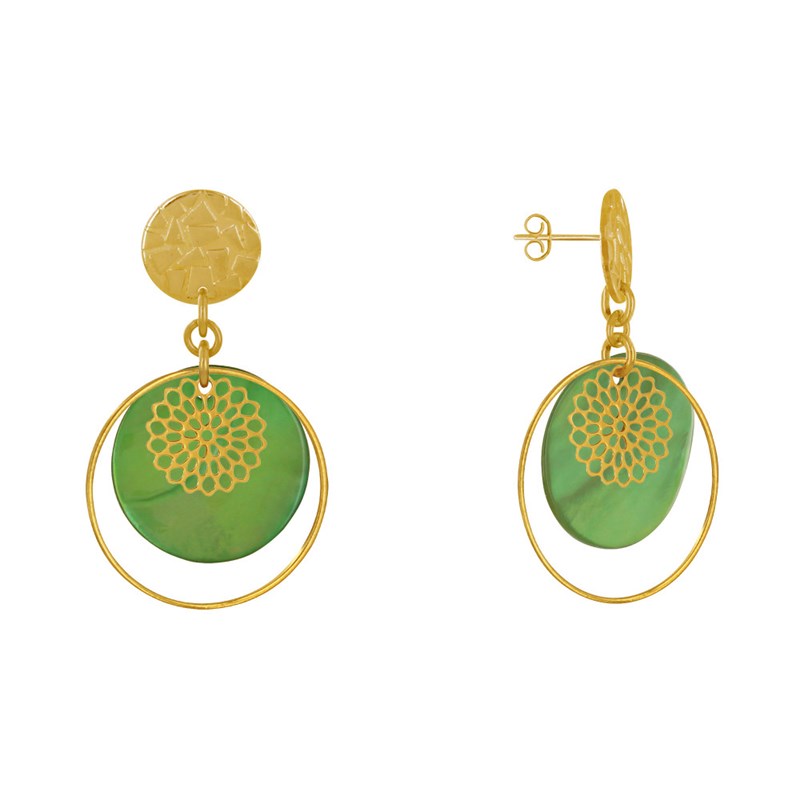Boucles d'Oreilles Clous Métal Doré Cercle et Pastille de Nacre