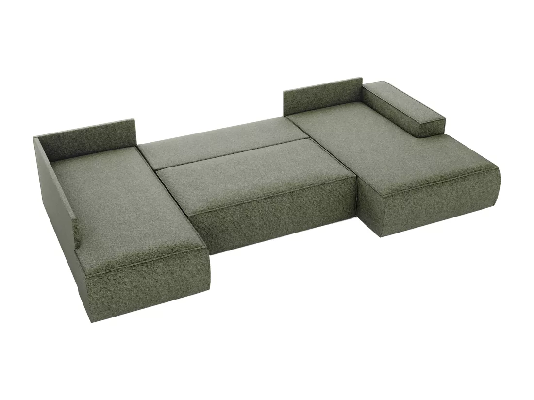 Grand canapé d'angle droit panoramique convertible en tissu texturé vert AMELIA