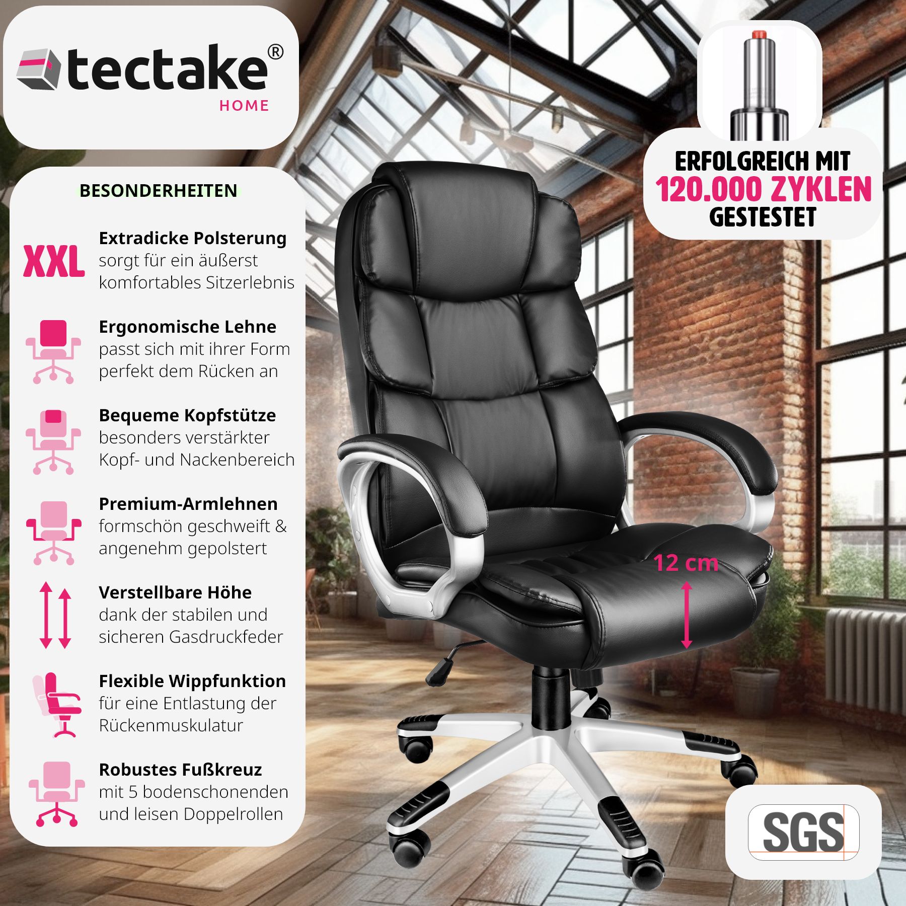 tectake® Bürostuhl, 360° drehbar und stufenlos höhenverstellbar, doppelte Polsterung mit Kunstlederbezug, einstellbare Wippfunktion