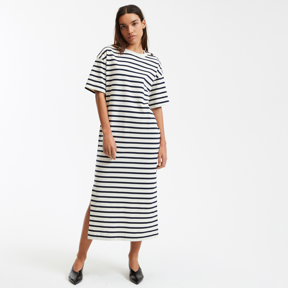 COLEÇÃO LA REDOUTE<br>Vestido longo listrado em jérsei com botões no ombro