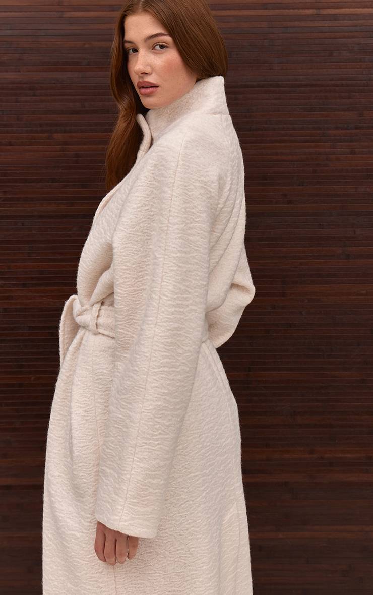 Crème Manteau Long Effet Laine Col Montant Avec Ceinture À Nouer