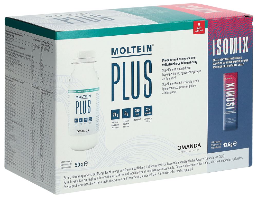 moltein PLUS 2.5 Ready2Shake Geschmacksneutral 6 Flaschen 50 g<br>1 Stück, Pulver, + ISOMIX Pulver 12 Beutel 13.5 g