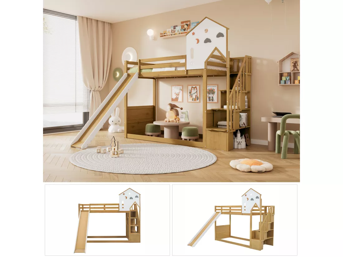 Lit superposé 2 x 90 x 200 cm avec 4 tiroirs, toboggan etétagères de rangement - pin + MDF - blanc+naturel (sans matelas)