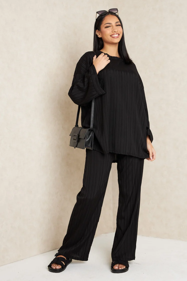 Ensemble 2 pièces pull fin + pantalon à rayures noir