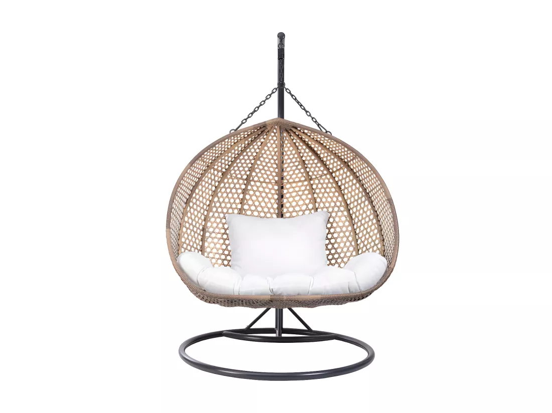 Fauteuil suspendu 2 places en résine tressée - Beige et coussin blanc - VAHINA de MYLIA