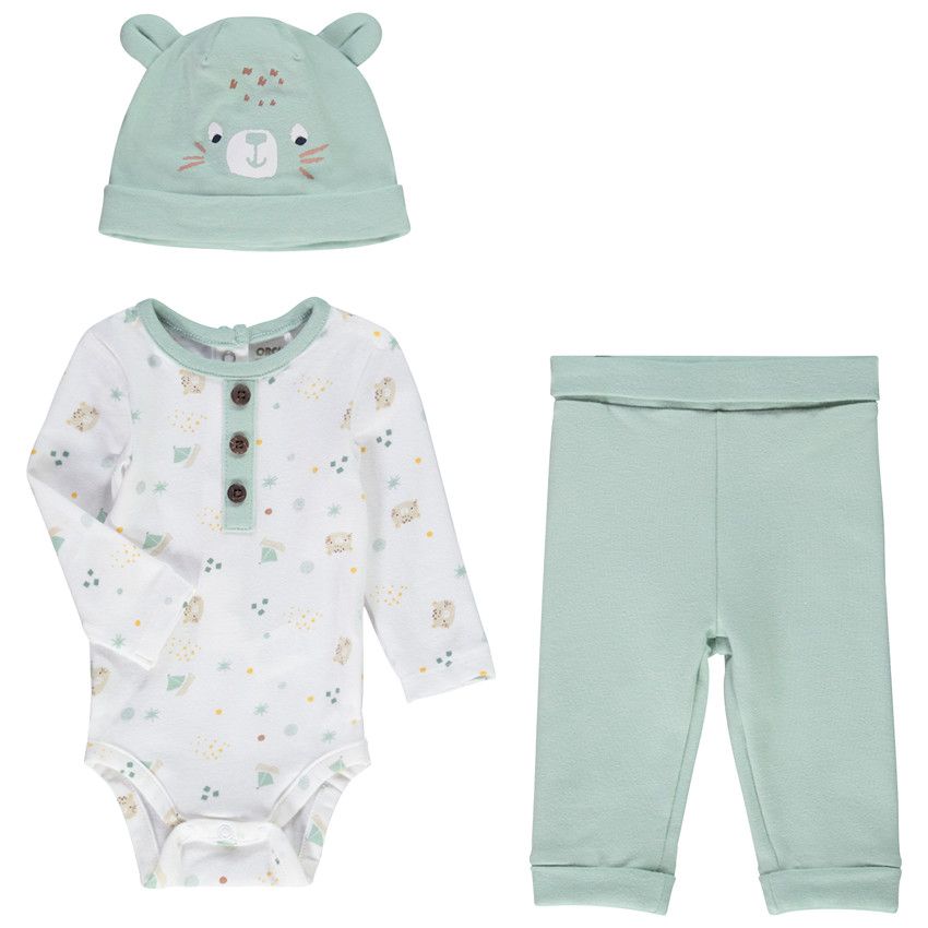 Ensemble 3 pièces bonnet ludique + body imprimé + caleçon pour bébé garçon - Vert