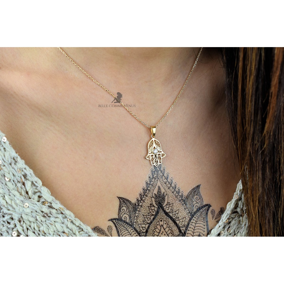 Collier main de Fatma oxyde de zirconium Plaqué OR 750 3 microns
