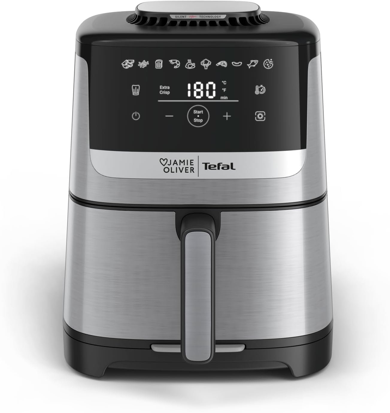 Jamie Oliver by Tefal Easy Fry Silence Deluxe Heißluftfritteuse, sehr leise, 10 voreingestellte Programme, digitaler Touchscreen, 5 l, inkl. Druckguss-Gitterrost + Deckel, Schwarz/Edelstahl, EY55JDE0
