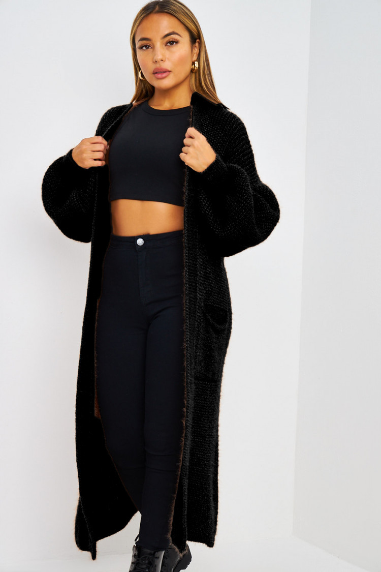 Gilet long pailleté noir en mailles