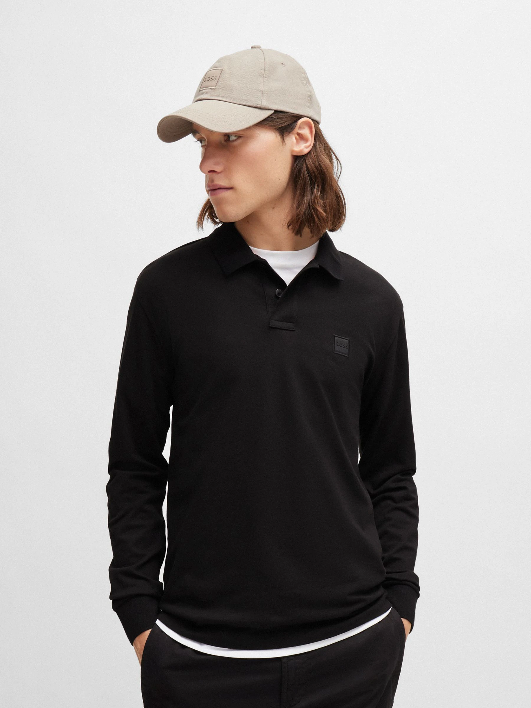 Zwart - BOSS Passerby Box Logo Long Sleeve Polo Shirt