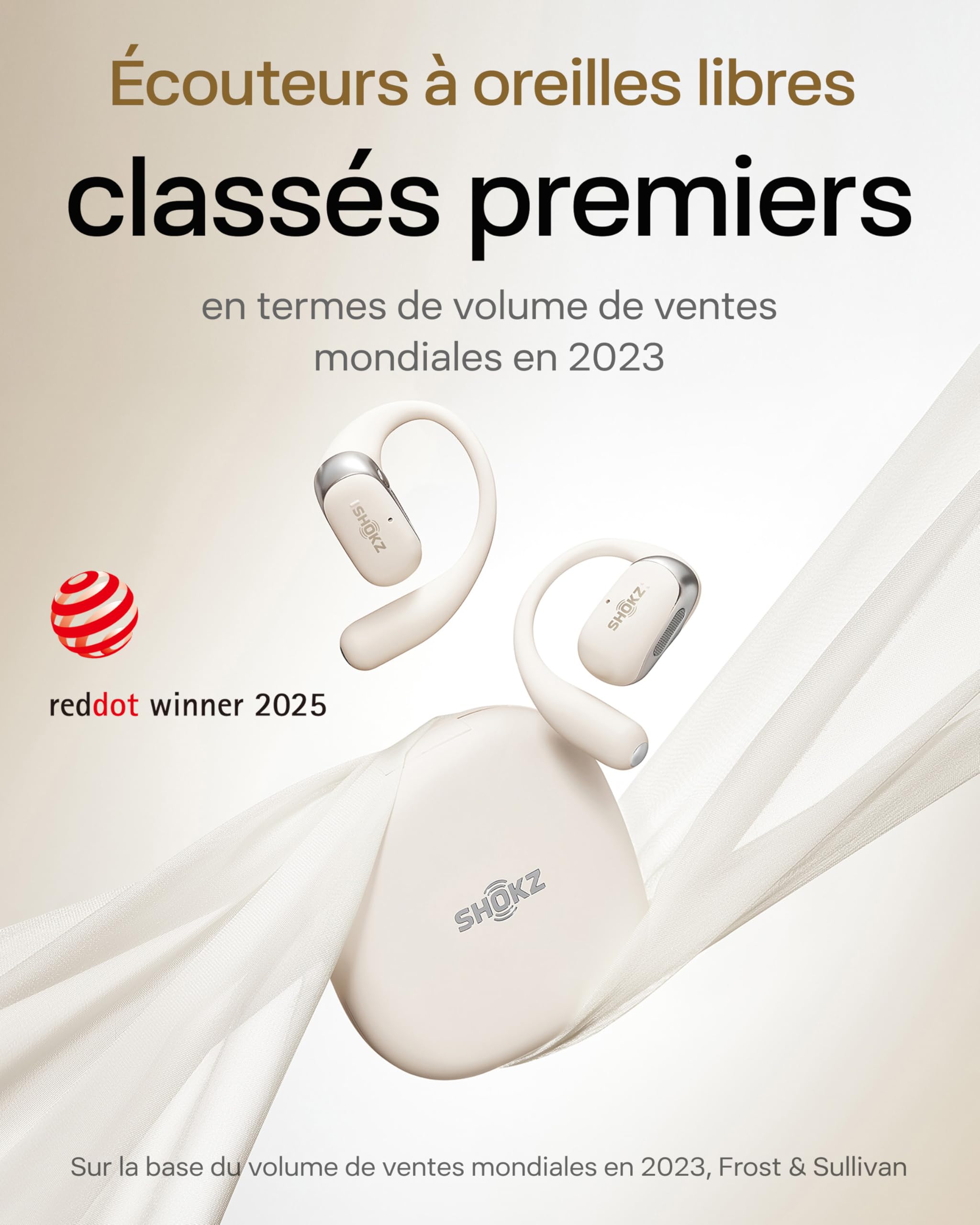 SHOKZ OpenFit 2 Casque à Oreilles Libres, écouteurs Bluetooth sans Fil avec Micro, écouteurs avec Crochet d’oreille et 48 Heures de Lecture, Charge Rapide, résistance IP55, Sac de Transport, Beige