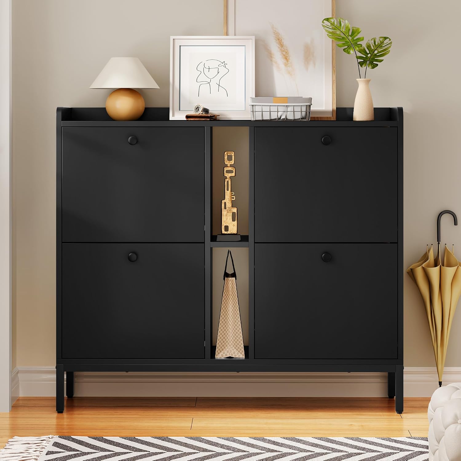YITAHOME Schuhschrank Schmal mit 4 Klappen, 108 x 27.5 x 95.5 cm für 16 Paar Schuhe mit 2 Offene Regale, Schuhschrank Schwarz, Schuhkipper, Schrank Flur Schuhkommode im Flur, Platzsparend