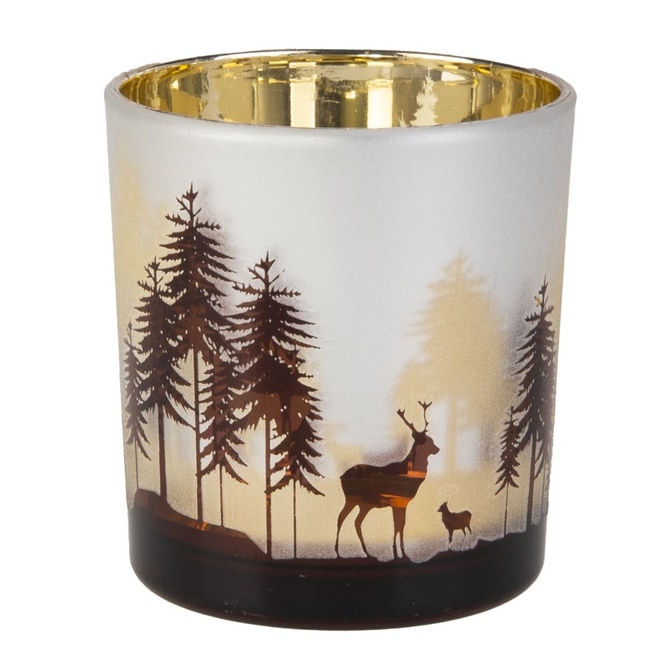 Teelichtglas - Hirsch im Wald - weiß/braun - ca. 7 x 8 cm